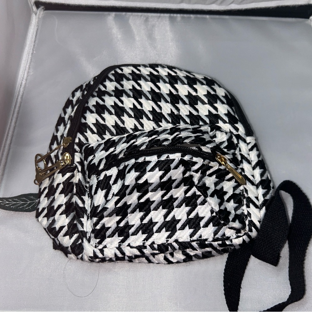 Mini Houndstooth Backpack with Pom Charms